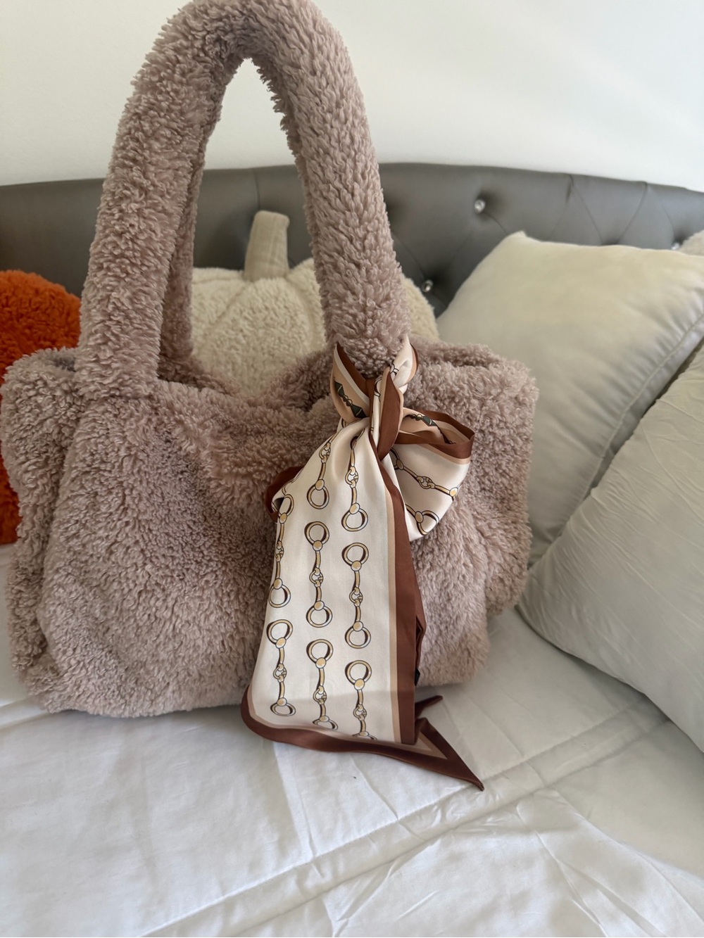 a new day Plush Teddy Tote in Blush with Patterned Accent Scarf